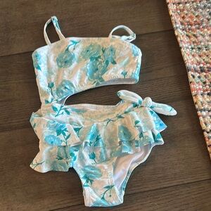 Blue and White Floral Bikini with Ruffled Details